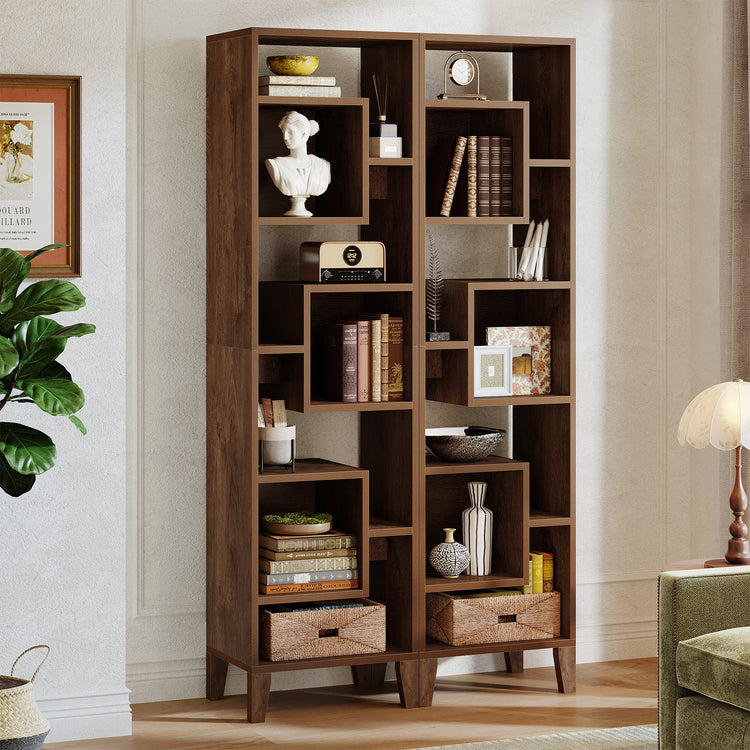 71" Narrow Bookshelf, 8-Tier Staggered Bookcase Etagere Display Shelf