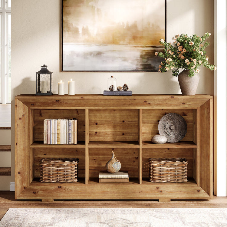 63" Solid Wood Console Table, Farmhouse Entryway Table with 6 Storage Cubes