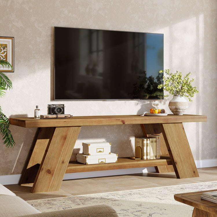 Solid Wood TV Stand with 2-Tier Shelf, 63" TV Media Console for TVs up to 75"