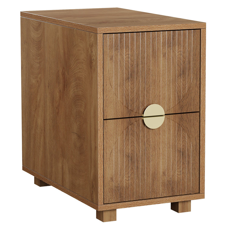 2-Drawer Nightstand, Narrow Bedside Table with Gold Metal Handle