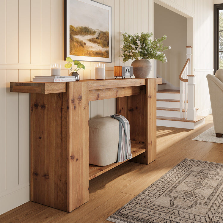 2-Tier Solid Wood Console Table, 63" Entryway Sofa Table with Storage
