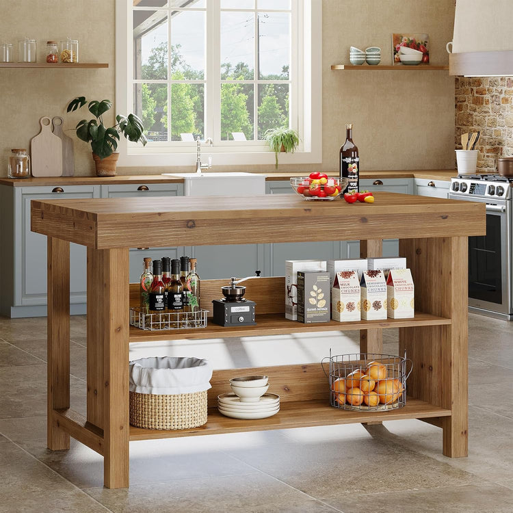 55" Wood Kitchen Island, 3-Tier Farmhouse Counter Height Coffee Bar