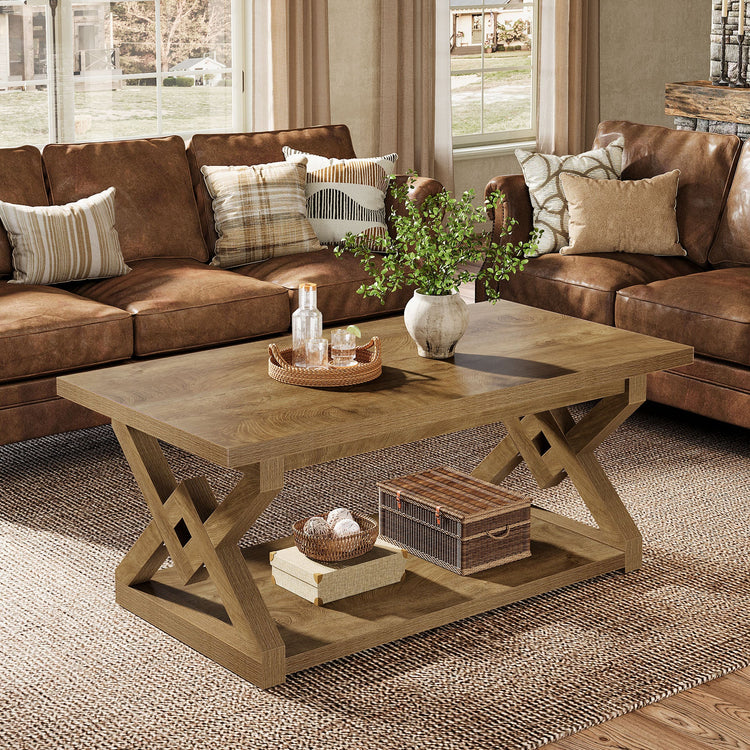 2-Tier Coffee Table, 47.24" Rectangle Center Tea Table with Open Shelves