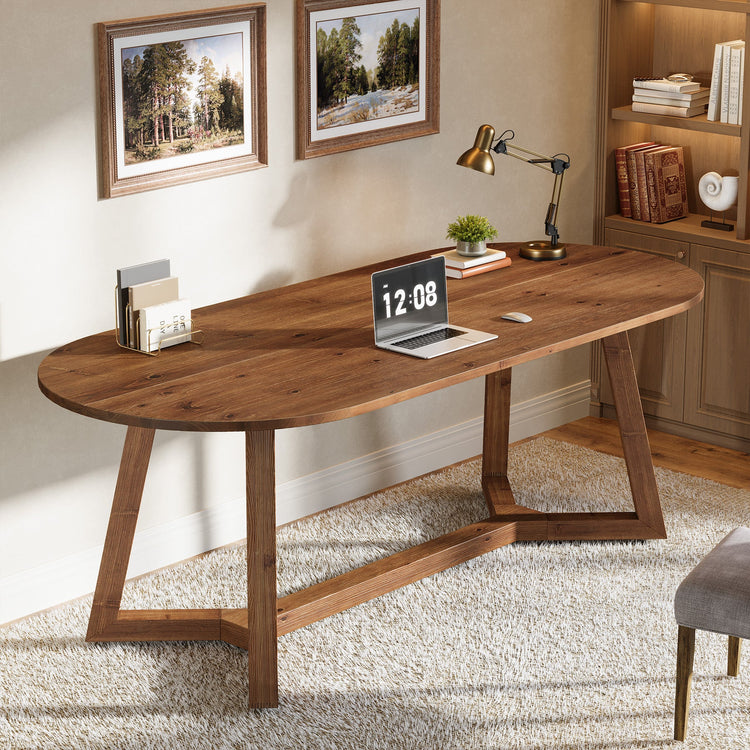 Solid Wood Computer Desk, 63" Oval Executive Desk with Sturdy Tapered Legs