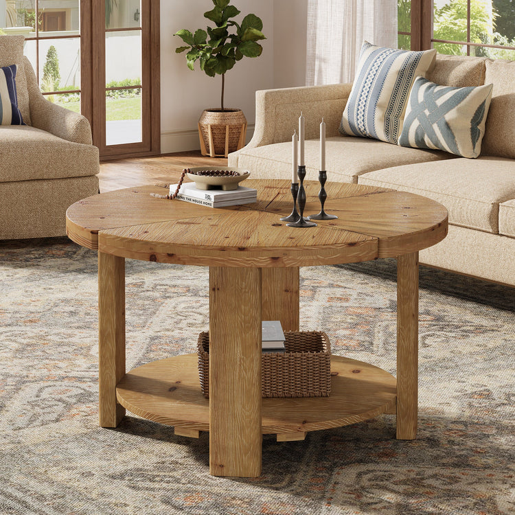 31.5" Solid Wood Coffee Table, Round Center Table with 2-Tier Storage