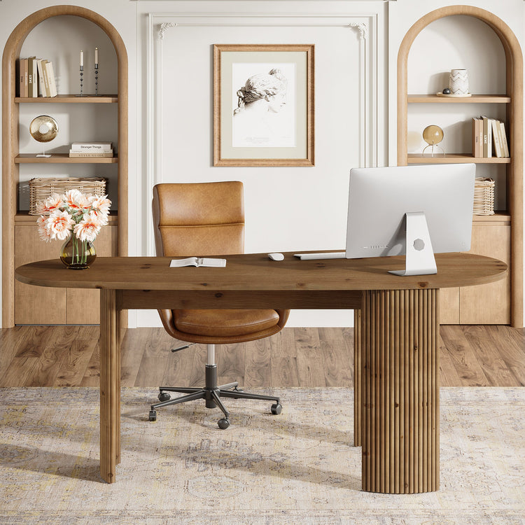 59" Solid Wood Executive Desk, Curved Computer Desk with Fluted Wooden Legs