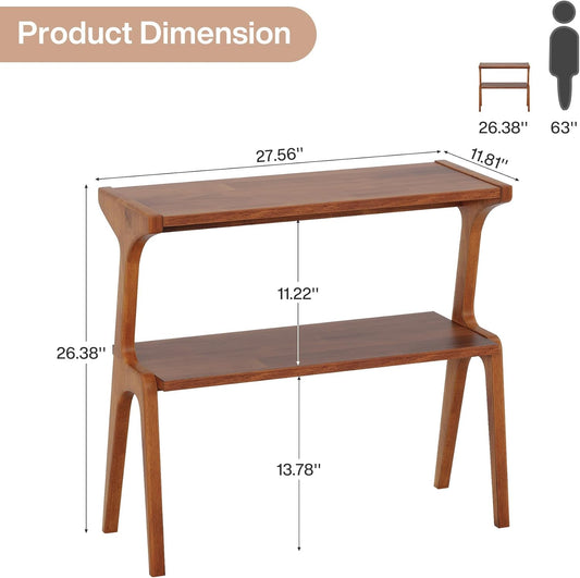 2-Tier Slim End Table, Solid Wood Sofa Side Table with Storage Shelf
