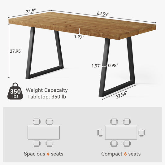 63" Industrial Dining Table, Solid Wood Rectangular Kitchen Table for 4-6 People