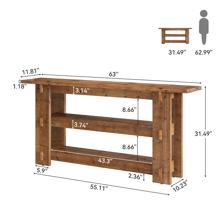 63" Solid Wood Console Table, Farmhouse Sofa Table Behind Couch with 3-Tier Shelves