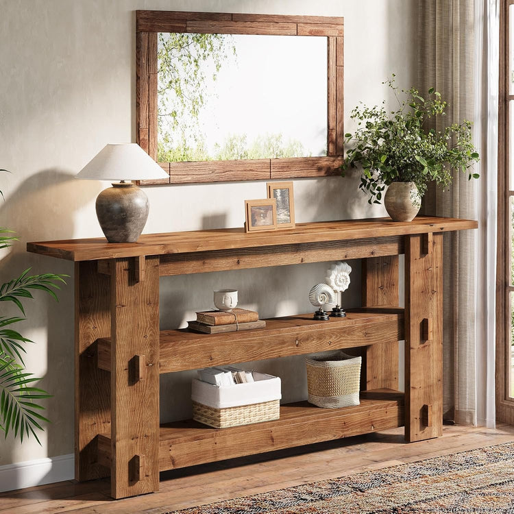 63" Solid Wood Console Table, Farmhouse Sofa Table Behind Couch with 3-Tier Shelves