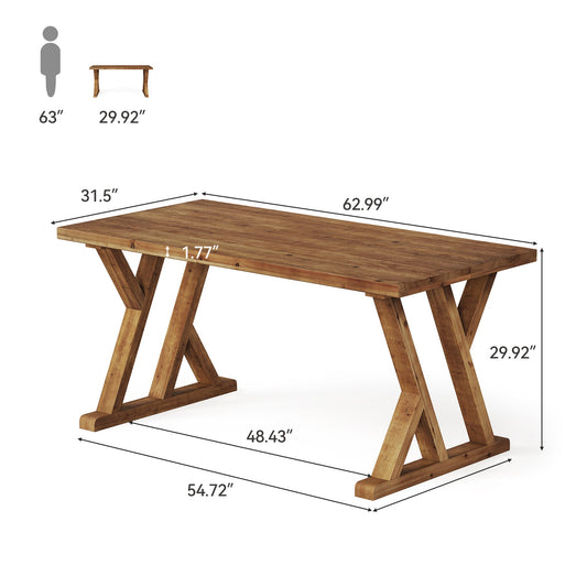 63" Wood Dining Table, Farmhouse Kitchen Dinner Table for 4-6 People