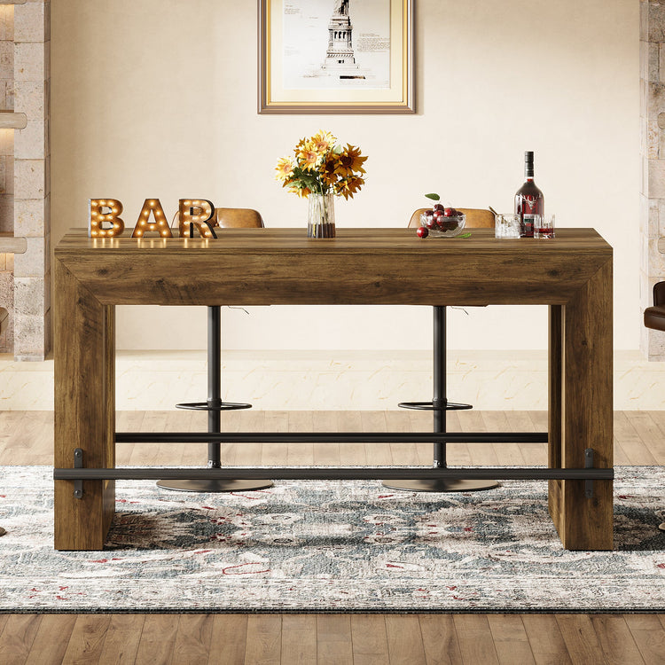 Counter Height Bar Table, 59" Pub Table With Metal Footrest For Dining Room