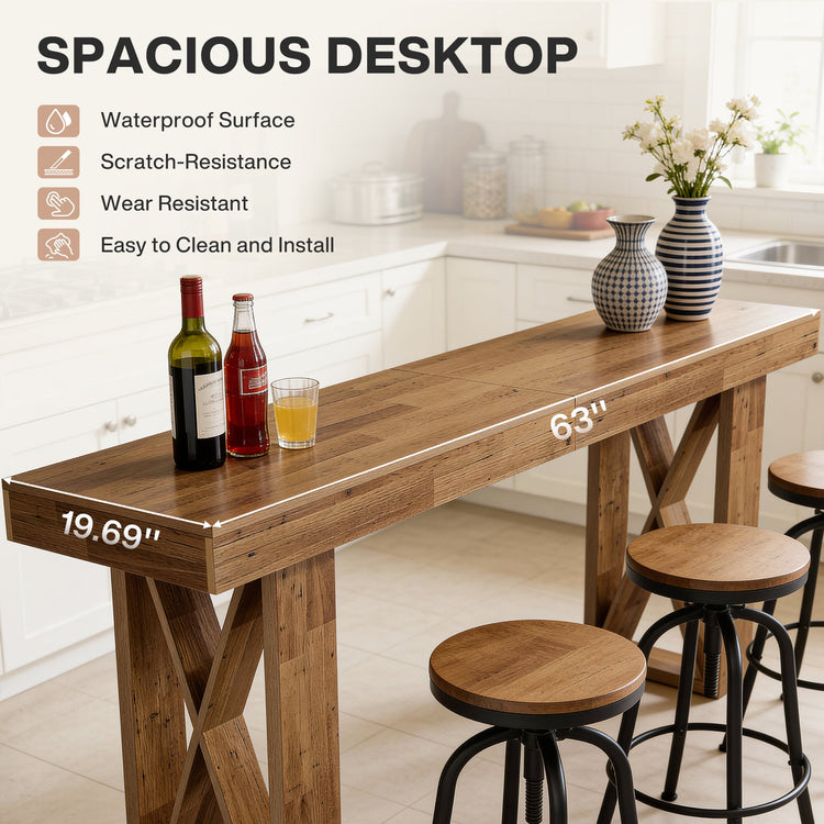 63" Bar Table, Rectangular Counter Height Pub Table with X-Shaped Frame