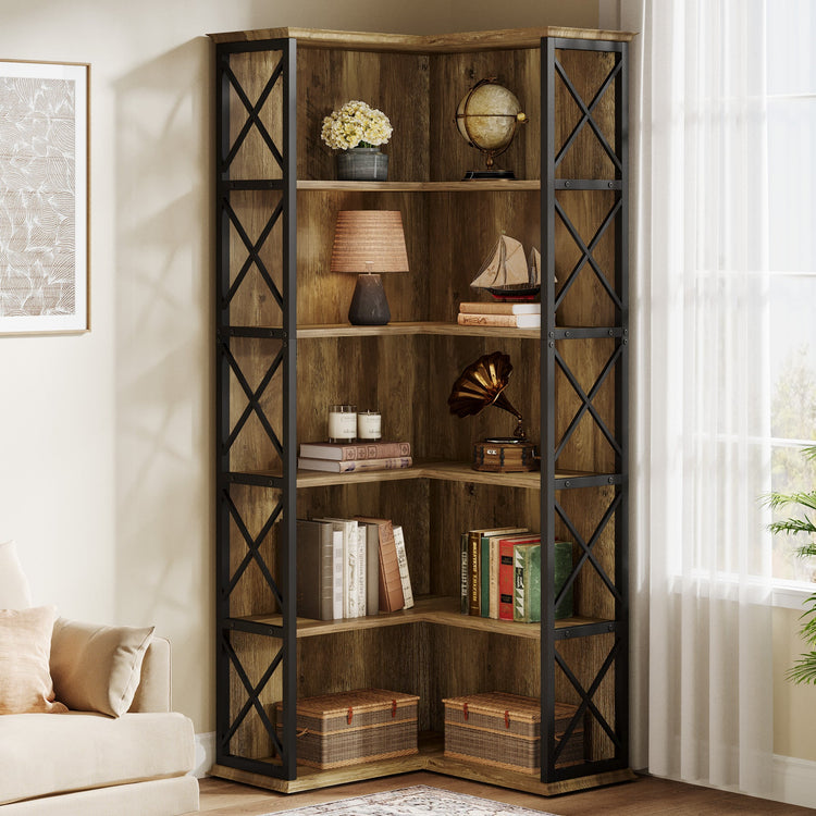 70.8" Tall Bookshelf, 5-Tier L-Shaped Bookcase Display Rack with Baffle