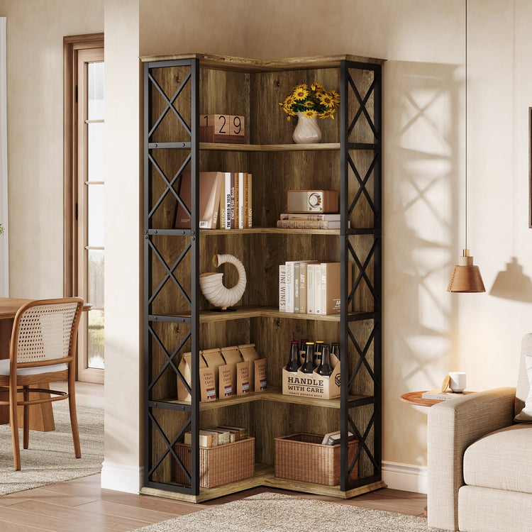 70.8" Tall Bookshelf, 5-Tier L-Shaped Bookcase Display Rack with Baffle