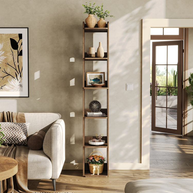 70.8" Wood Bookshelf, 6 Tier Narrow Bookcase with Open Storage Shelf