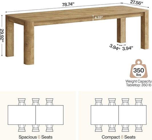 78.74" Dining Table for 6-8, Farmhouse Kitchen Table with Rounded Edges