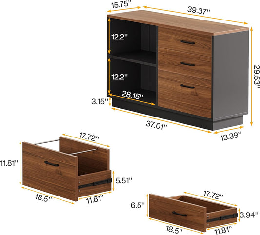 3-Drawer File Cabinet, Modern 39" Storage Cabinet With 2 Open Shelves