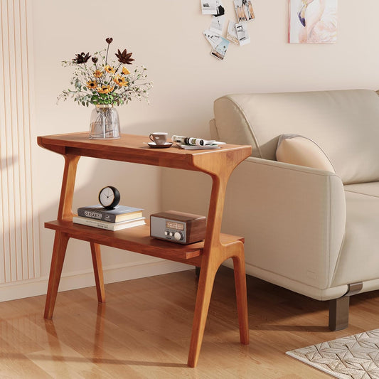 2-Tier Slim End Table, Solid Wood Sofa Side Table with Storage Shelf