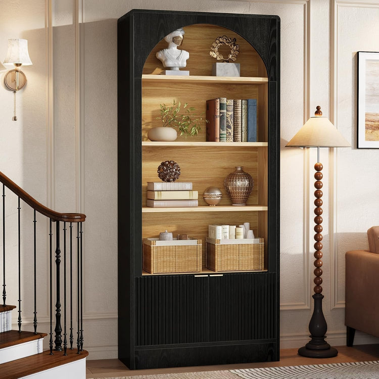 71" Tall Bookcase, 5-Tier Arched Bookshelf with Storage Cabinet and Fluted Doors