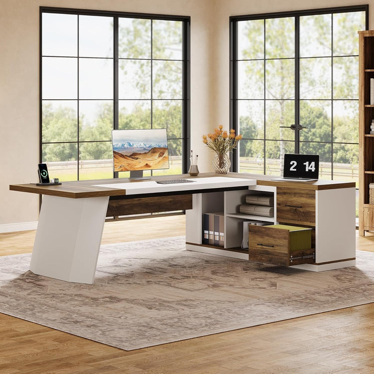 78.7" Executive Desk, Modern L-Shaped Office Desk with 55.1" Storage Cabinet