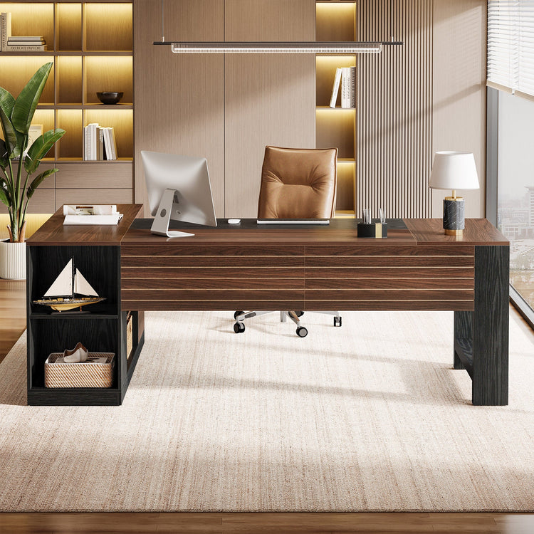 78" L-Shaped Executive Desk, Modern Office Computer Desk with Cabinet and Storage Shelves