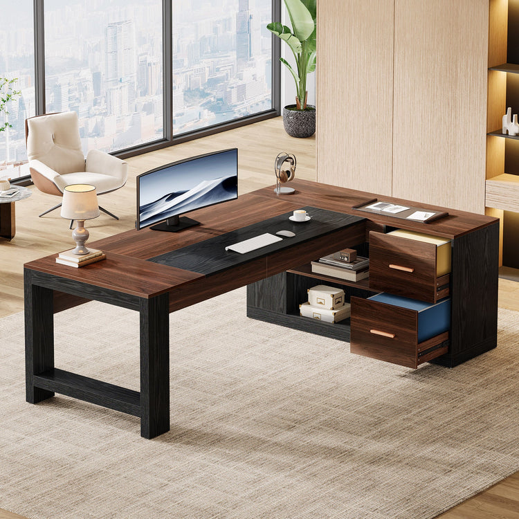 78" L-Shaped Executive Desk, Modern Office Computer Desk with Cabinet and Storage Shelves