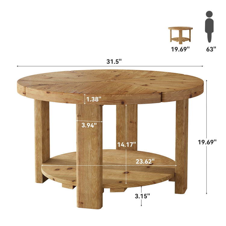 31.5" Solid Wood Coffee Table, Round Center Table with 2-Tier Storage
