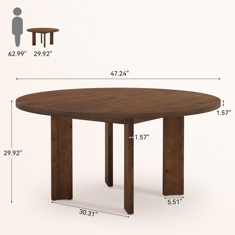 Solid Wood Round Dining Table, 47.24" Farmhouse Kitchen Table for 4-6 People