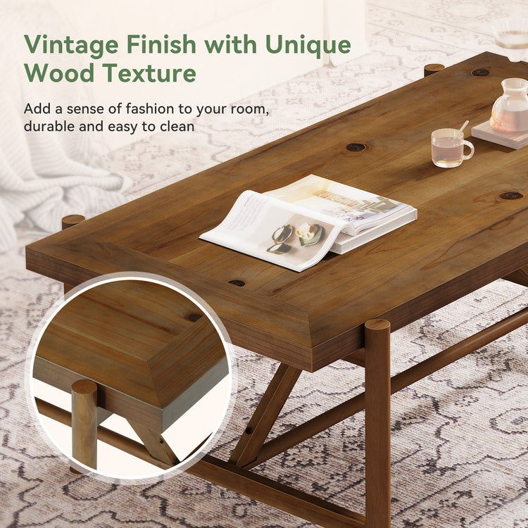 47" Solid Wood Coffee Table, Rectangular Center Tea Table with Column Legs