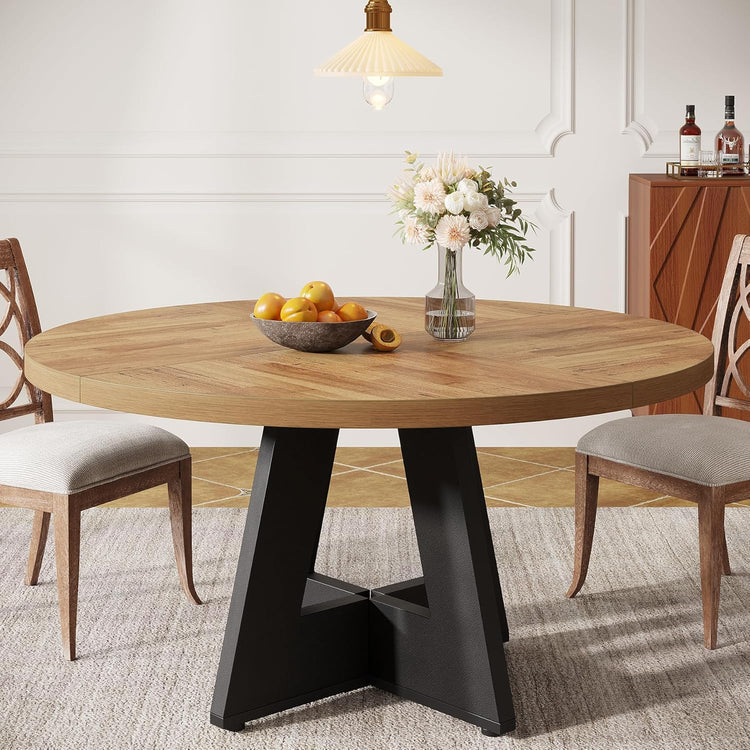 47" Farmhouse Dining Table, Round Wooden Kitchen Dinner Table for 4 People