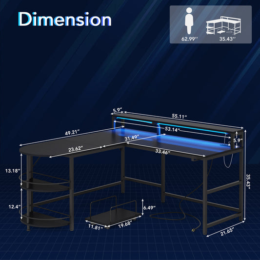Gaming Desk with LED Strip & Power Outlets