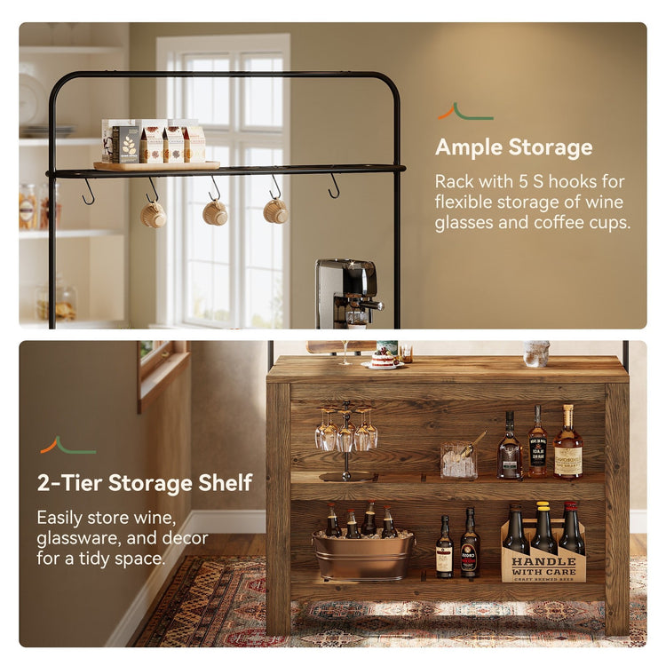 47" Solid Wood Bar Table, 3-Tier Home Bar Unit with Storage Shelves & 5 Hooks