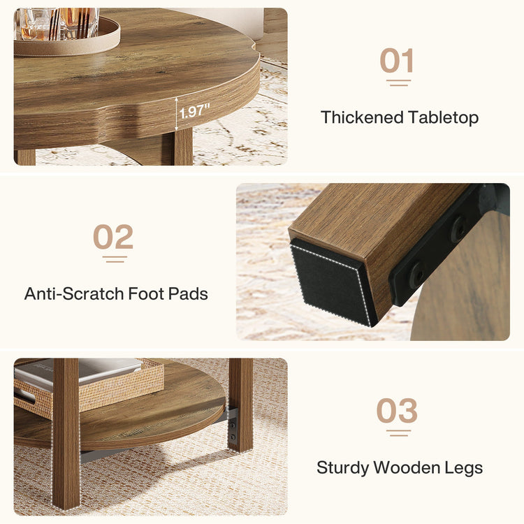 33.46" Round Coffee Table, 2-Tier Farmhouse Center Table with Storage Shelf