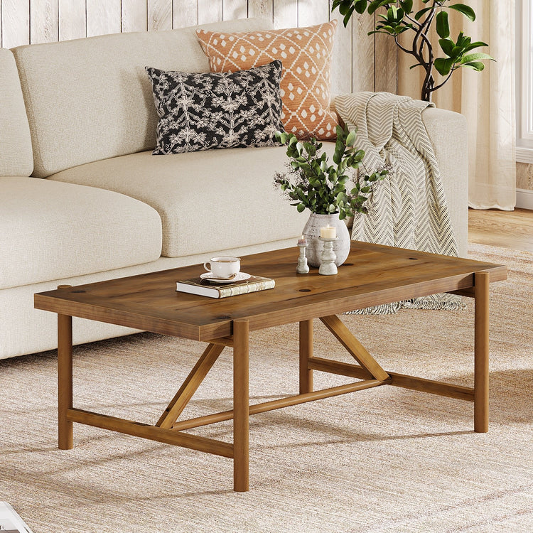 47" Solid Wood Coffee Table, Rectangular Center Tea Table with Column Legs