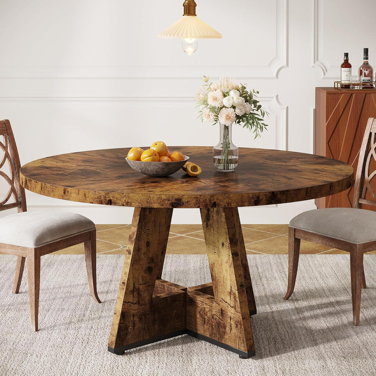 47" Farmhouse Dining Table, Round Wooden Kitchen Dinner Table for 4 People