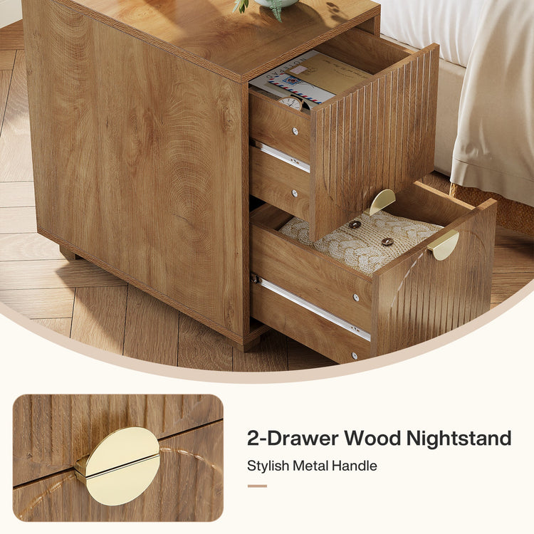 2-Drawer Nightstand, Narrow Bedside Table with Gold Metal Handle