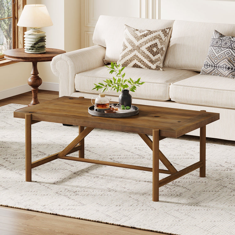 47" Solid Wood Coffee Table, Rectangular Center Tea Table with Column Legs