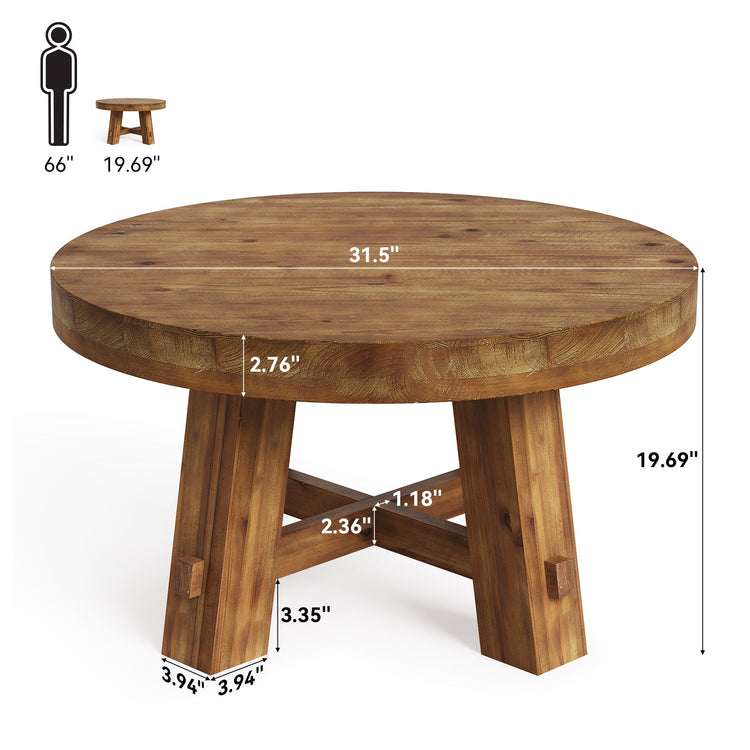 Solid Wood Coffee Table, 31.5" Round Center Table with Thickened Tabletop