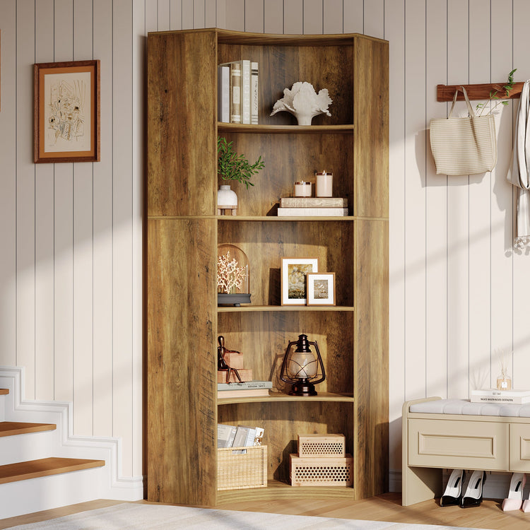 6-Tier Corner Bookshelf, 70.9" Tall Corner Bookcase with Curved Edges