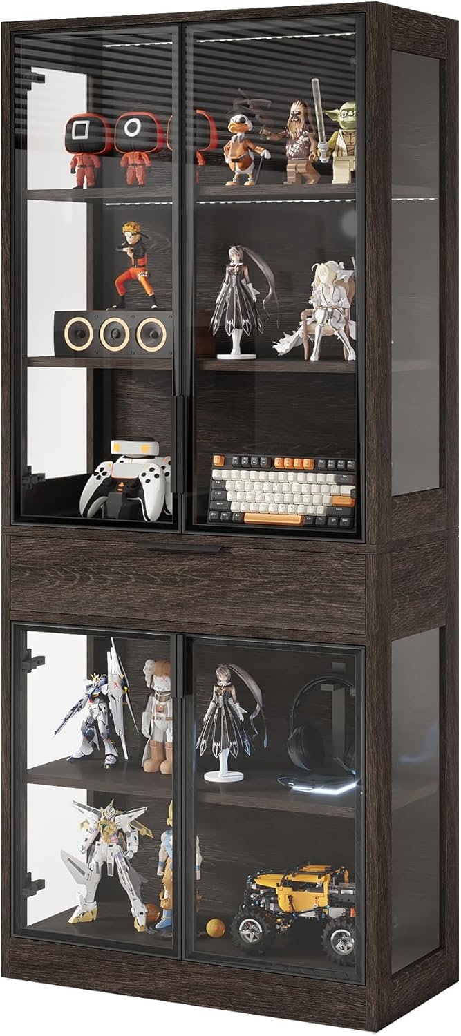 71" Display Cabinet, 5-Tier Curio Cabinet Display Case Bookcase with LED Lights