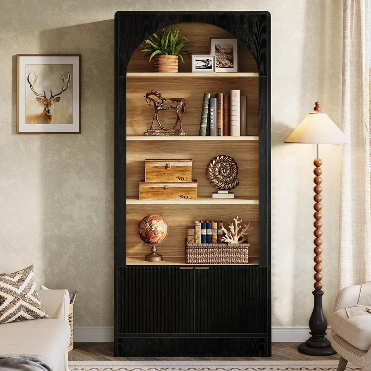 71" Tall Bookcase, 5-Tier Arched Bookshelf with Storage Cabinet and Fluted Doors