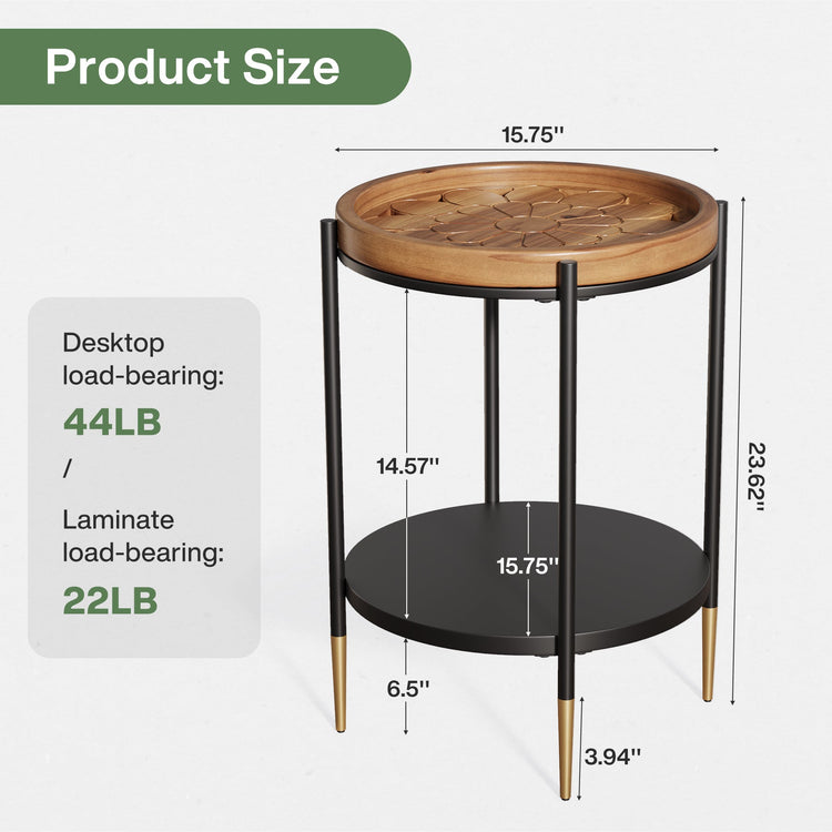 Round Side Table, 2-Tier End Table with Solid Wood Tabletop