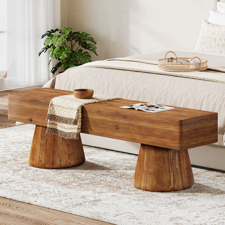 Solid Wood Entryway Shoe Bench, Farmhouse End of Bed Bench with Bucket Legs