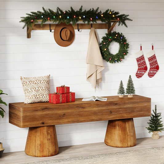 Solid Wood Entryway Shoe Bench, Farmhouse End of Bed Bench with Bucket Legs