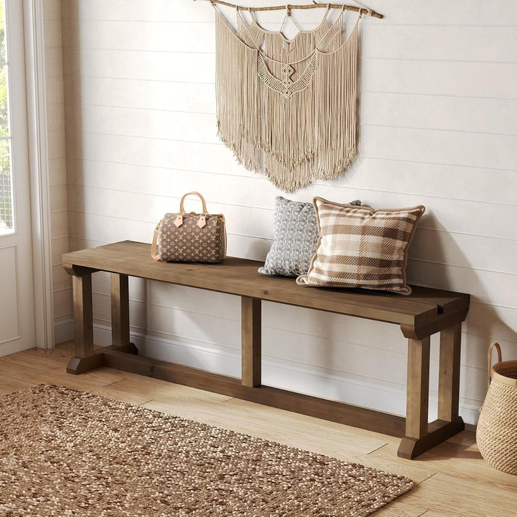 Solid Wood Shoe Bench, 59" Farmhouse Entryway Bench Bed Seat