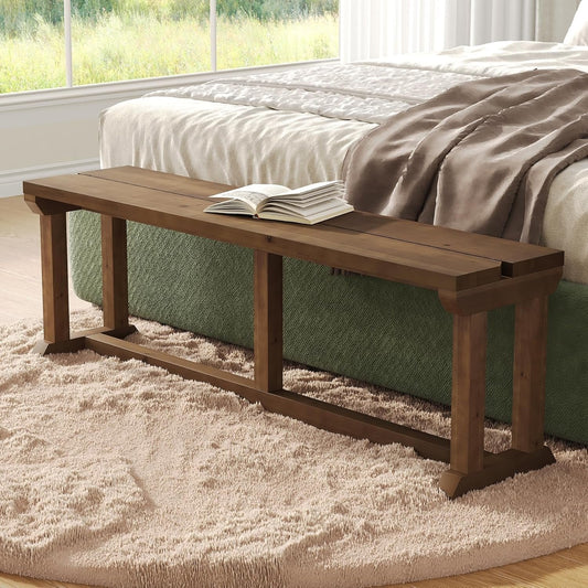Solid Wood Shoe Bench, 59" Farmhouse Entryway Bench Bed Seat