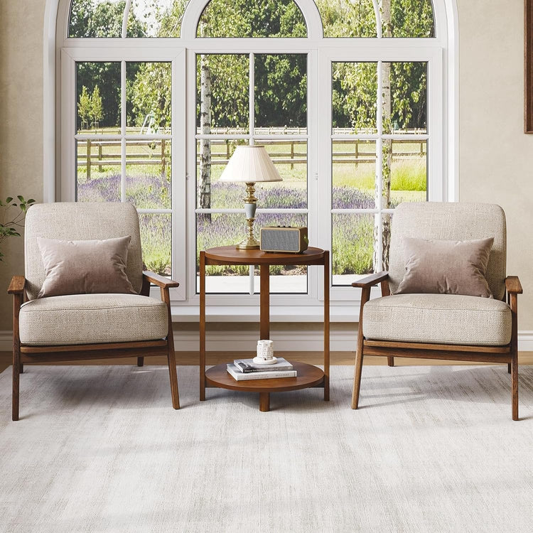 Solid Wood Side Table, 19" Round End Table with 2-Tier Storage