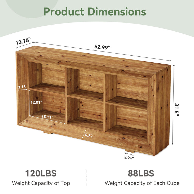 63" Solid Wood Console Table, Farmhouse Entryway Table with 6 Storage Cubes