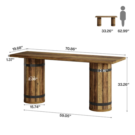 70.9" Bar Table, Rectangular Counter Height Pub Table with Fence Pedestal Base